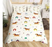 Homemissing Dachshund suns gulta gultas veļa komplekts 135 x 200 cm Cute Pet gultas piederumi komplekts zēniem meitenēm meitenes suns ķepa Bone Shell māja sega segu vāka komplekts kucēns guļamistaba dekors 2 gab.