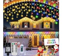 GCMacau Icicle Fairy Lights Outdoor, 20 + 5 m 660 LED Ziemassvētku apgaismojums, Icicle Rain Outdoor ar 8 režīmu tālvadības pulti, IP65 ūdensizturīgs gaismas aizkars jumta malām, balkonam, Ziemassvētku dekorēšanai, silti balts + krāsains