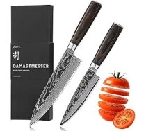 Wakoli EDIB Essentials Santoku virtuves nažu komplekts (2 gab.) 30 un 24 cm damaskas naži, kas izgatavoti no 67 slāņu damaskas tērauda ar Pakka koka rokturi Dārzeņu naži ar dāvanu kastīti