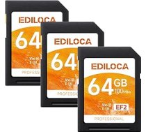 EF2 UHS-I atmiņas karte 64GB 3-Pack Lasīšana 100MB/s, ierakstīšana 45MB/s, C10, U1, V10, Full HD un 4K video, SD karte profesionāliem fotogrāfiem