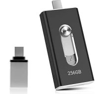 USB zibatmiņas karte 256 GB tālrunim, 4-in-1 atmiņas karte iPhone/iPad/Android/PC, USB 3.0 atmiņas karte, ātrgaitas zibatmiņas disks, ātrdarbīga foto zibatmiņas karte, fotoattēlu dublēšana, fotoattēlu video, melna