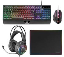 Mars Gaming MCP124PRO, franču, spēļu kombinācija 4-in-1, RGB H-Mech tastatūra ar plaukstas balstu, RGB pele 3200DPI HUANO Switch, FRGB austiņas, nanotekstila peles paliktnis 36 x 26 cm, daudzplatformu, melns