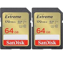 SanDisk Extreme SDXC UHS-I atmiņas karte 64 GB (V30, 170 MB/s pārraides ātrums, U3, 4K UHD video, SanDisk QuickFlow tehnoloģija, ūdensizturīga, triecienizturīga, temperatūras izturība) (2 iepakojumā)