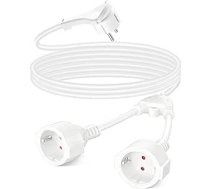 Dubultā kontaktdakša kontaktligzdai, 2 m elastīgs pagarinātājs, divvirzienu Schuko Y sadalītājs, 1,5 mm² elastīgs kabelis, 16A/250V, IP20 ūdensizturīgs, piemērots mājām, birojam, balts