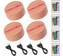 4 x 3D LED gaismas bāze Nakts gaismas lampas bāze koka izskats kā nomaiņa vai pašizgatavošana Ietver tālvadības pulti USB kabelis 3D ilūzijas lampa 7 krāsas kā dekoratīva gaismas bāze veidotājam (4 koka izskats)