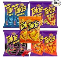 Takis Mega Mix komplekts 10×100 g – Blue Heat, Fuego, Dragon Sweet Chili, Volcano Queso & Intense Nacho + Hopser Funfood pudeles atvērējs