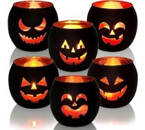 Sveču turētājs Helovīna dekorēšanai, 6 Helovīna tējas gaismas turētāji, Jack O Lantern, tējas gaismas turētājs, melns laternas stikls ar gravējumu, Helovīna dekorēšana galda dekorēšanai