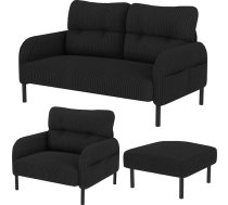 Modular Corduroy Sofa Set, 2 Seater Chair & Ottoman with Ergonomic Backrest Side Pocket & Sturdy Metal Wooden Frame - Perfect for Living Room & Small Apartments (Black, 3-Piece)