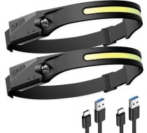 2 LED galvas lukturu komplekts, 600 lūmeni, USB C uzlādējams galvas lukturis ar 230° platleņķa gaismu, 1200 mAh akumulators, IPX4 ūdensizturīgs, ultravieglais, 80 g, kustības sensors, 5 gaismas režīmi, ideāli piemērots kā