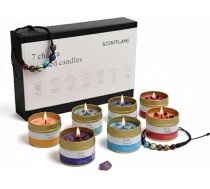 Scent Flame Chakra Candles Set - 7 ar rokām izlietas aromātiskas sveces ar īstiem kristāliem elegantā skārda kārbā, ieskaitot čakru aproci - meditācijai, stresa mazināšanai un garīgai harmonijai.