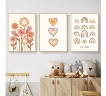 3 plakātu komplekts bērnu istabai, Boho dekoratīvie attēli - rozā puķe, saule, varavīksnes attēli, sienas dekori, bez rāmja, Boho sienas plakāts (50 x 70 cm, A)