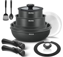 BEZIA Katlu komplekti ar noņemamiem rokturiem, 13 gabalu pannu komplekts ar neslīdošu virsmu, saliekams katlu komplekts visu veidu plītīm, nesatur PFOS, panna 22/26 cm, dziļa panna 26 cm, katls 16/18 cm, drošs krāsnī