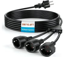 Schuko pagarinātājs 5 m, elektrības kabeļa pagarinātājs ar 3 ligzdām, gumijas kabeļa pagarinātājs, IP44, izturīgs pret laikapstākļiem, pagarinātājs dārzam/darbnīcai/būvlaukumam (16A/250V, melns)