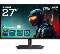 Gigabyte MO27Q2A 27 collu OLED 2K QHD spēļu monitors - 2560 x 1440, 280 Hz, 0,03 ms, 250 cd/m², FreeSync Premium Pro, DisplayHDR True Black 400, HDMI 2.1, DisplayPort 1.4