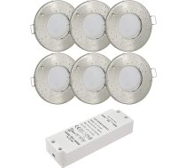 6 komplektu komplekts 12 V Krāsa: matēts nerūsējošais tērauds Vannas istabas iebūvējamais prožektors IP65 (AC/DC adapteris 12 V 5 vatu LED spuldze 450 lūmenu silti balta spuldze, nomaināma