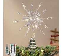 Lewondr Ziemassvētku eglītes virsotne, 31 cm metāla Ziemassvētku zvaigzne ar 20 LED spuldzītēm, USB barošanas 12-stūra eglītes virsotne ar spīdumiem Ziemassvētku dekorēšanai, tālvadības pults, 6 stundu taimeris, 8 gaismas režīmi, sudraba