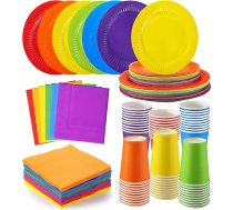 90 priekšmetu krāsains svētku trauku komplekts – 30 x 7 papīra šķīvji, 30 papīra krūzes, 30 salvetes; daudzkrāsaini „Rainbow“ svētku šķīvji, krūzes un salvetes dzimšanas dienu un svētku pasākumiem