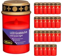 Idena 90394 LED kapu sveces ar vāciņu, 24 gab. iepakojumā, katra 6,5 x 12 cm, plastmasas kapu sveces sarkanā un zelta krāsā, ar baterijām darbināmas bēru sveces lietošanai ārpus telpām