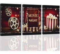 ZXHYWYM Filmu sērijas sienas glezna, 3 gab. Filmu motīva audekla druka, melnā un sarkanā krāsā, moderns mājas kinozāles interjers, mediju kinozāles sienas dekors ar rāmi (28 x 35 cm x 3)