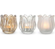 Olrla stikla svecīšu turētāji, tulpes formas, 3 gab. komplekts (6,5 x 6,5 cm) – dzintara krāsā, caurspīdīgi un ar matētu ziedu, svecīšu turētāji, elegants interjera dekors, kāzu un galda dekorācijas