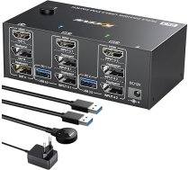 USB 3.0 KVM slēdzis 2 PC 3 monitoriem 8K @ 60Hz 4K @ 144Hz, trīs monitoru KVM slēdzis 2 Display Port + 1 HDMI 2 PC koplietošanai 4 USB ierīces Pele, tastatūra, vadu tālvadības pults (8K HDMI DP 2 in 3 out KVM)
