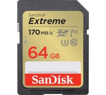 SanDisk Extreme SDXC UHS-I atmiņas karte 64 GB (V30, 170 MB/s datu pārraide, U3, 4K UHD video, SanDisk QuickFlow tehnoloģija, ūdensizturīga, triecienizturīga, temperatūras izturība)