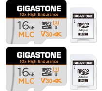 Gigastone [10x High Endurance] Industrial 16GB 2-Pack MLC Micro SD karte, 4K video ierakstīšana, drošības kamera, Dash Cam, novērošana, saderīga ar 95MB/s, U3 C10, ar adapteri [5 gadu bezmaksas datu atjaunošana]