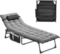 YITAHOME Saliekamais sauļošanās krēsls ar spilvenu 190 x 68 x 31 cm, kempinga atpūtas krēsls ar 5 regulējamām pozīcijām, sauļošanās krēsls ar pagalvi un sānu kabatu, kravnesība līdz 300 kg dārzam, baseinam, kempingam, pelēks