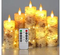 Nedegošas LED sveces Bērza miza ar iestrādātām pasaku gaismām Sveču komplekts 5 gab Augstums: 10,2 cm, 12,7 15,2 17,8 20,3 Ziloņkaula Īsta vaska stabiņa dejojošā liesma 10 taustiņu tālvadības pults (bez akumulatora)