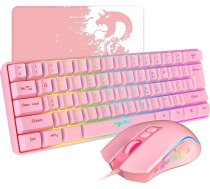 HXSJ V700 spēļu tastatūras un peles komplekts, 60% kompakta tastatūra, 61 taustiņš, TKL izkārtojums, RGB apgaismojums, optiskā spēļu pele ar 7 pogām, 7 krāsu LED apgaismojums, līdz 3600 DPI, PC, Mac Pink