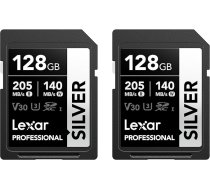 Lexar Silver SD karte 128GB 2-Pack UHS-I SDXC karte 205 MB/s lasīšanas ātrums, 140 MB/s rakstīšanas ātrums, V30, U3, C10, 4K UHD video, SD atmiņas karte ar Lexar Lifetime datu atgūšanu