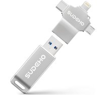 MFi sertificēta USB zibatmiņas karte 128 GB iPhone, 4 in 1 atmiņas karte ar USB 3.0 ātrgaitas USB, zibatmiņas karte iPhone/iPad/Android/PC/Mac, dublējumkopija fotogrāfijām, video un mūzikai, sudraba krāsā