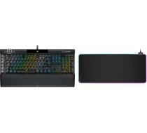 Corsair K100 RGB optiski mehāniskā spēļu tastatūra melna & MM700 RGB paplašinātā spēļu peles paliktnis ar auduma virsmu (virsma 930 × 400 mm, USB ligzda ar divām ligzdām), melns
