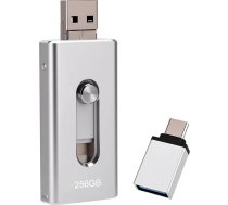 USB zibatmiņas karte 256 GB iPhone, MFi sertificēta 4-in-1 atmiņas karte iPhone/iPad/Android/PC, zibatmiņas disks ar USB 3.0, Micro USB, USB-C, ātra datu pārsūtīšana, fotoattēlu un video dublējums, sudraba krāsā