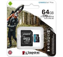 Kingston 64GB microSDXC Canvas Go Plus 170MB/s lasīšanas UHS-I, C10, U3, V30, A2/A1 atmiņas karte + adapteris (SDCG3/64GBCR)
