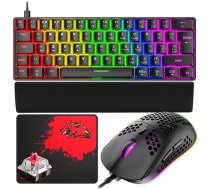 T60 Mini 60% mehāniskās tastatūras peles komplekts, C tipa vadu spēļu tastatūra + 6400 DPI RGB pele + plaukstas balsts + peles paliktnis, 19 aizmugurēji izgaismotas, kompaktas, 62 taustiņi, UK izkārtojums, datoriem, klēpjdatoriem - melns/sarkans