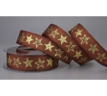 Dekoratīva lenta Bright Stars Brown Gold 20 m x 25 mm (ruļļi) Auduma lente ar stiepli Tumši brūnas zvaigznes Ziemassvētku dekorācijas Adventes lente Dāvanu lente