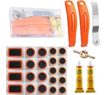 29 gabalu velosipēda remonta komplekts ar 22 plāksteriem, riepu leņķi, metāla vīli/rullīti, vārstu atslēgu, kameras remonta komplektu BMX, MTB, šosejas velosipēdu un motociklu riepām