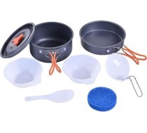 Pārnēsājams kempinga virtuves piederumu komplekts 1–2 personām ar 0,95 l katlu, 0,53 l pannu, bļodām un piederumiem, 14 daļu komplekts, kas piemērots ceļojumiem ar mugursomu, pārgājieniem un piedzīvojumiem svaigā gaisā.