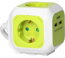 Pagarinātājs kubs 4gang (Schuko) ar lādētāju 2xUSB 1,4m laima zaļš