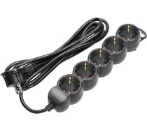 Pagarinātājs 5gang 2P+Z (Schuko), 5m H05VV-F 3x1.5mm2, Imax=16A, plakana kontaktdakša, melns