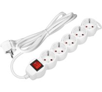 Pagarinātājs 5gang 2P+Z (Schuko), ar slēdzi, 5m H05VV-F 3x1.5mm2, Imax=16A, plakana kontaktdakša, balts