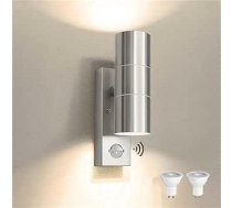 JNR Nerūsējošā tērauda LED āra lampa ar regulējamu PIR kustības sensoru, IP54 ūdensnecaurlaidīga uz augšu uz leju 230 V āra lampa, ieskaitot 2 x 5 W GU10 3000 K silti baltas gaismas spuldzes sienas gaismu