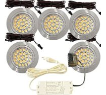 5 LED mēbeļu padziļinājumā iebūvējamo prožektoru komplekts 12 V ultraplakanas 2,4 W padziļinājumā iebūvējamās lampas Mila 160 lm ar LED transformatoru un 230 V kabeli 3000 K silti balta cauruma izgriezums: 58 līdz 60 mm sudraba kontaktdakš