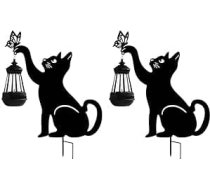 Katzenförmige Solar-Gartenleuchte, umweltfreundlich, Metallpfahl für den Außenbereich (2 Stück)
