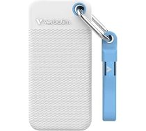 Verbatim Pocket SSD 1TB ārējais SSD USB 3.2 Gen 2 līdz 1000MB/s lasīšanas un rakstīšanas ātruma ārējais cietais disks ar 2 gumijas vāciņiem (balts un gaiši zils) PC, Mac un konsolēm, balts