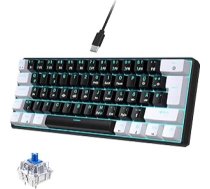 60% Mehāniskā spēļu tastatūra QWERTZ (DE izkārtojums), 62 taustiņi, zili slēdži, RGB/zils LED apgaismojums, vadu, pretdīkstāves, kompakta, paredzēta spēlēm - melns/balts