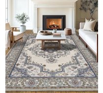 Mazgājams paklājs viesistabai 200 x 300 cm, Boho ziedu paklāji, īsa pūra paklājs guļamistabai, paklājs Retro akcents Vintage dizaina metiena lieli paklāji birojam, ēdamistabai, bērnu istabai, viesistabai, zils/balts