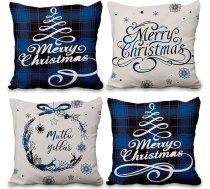 Ziemassvētku spilvenu pārvalku komplekts, Merry Christmas Cushion Cover, Blue Check Pattern, Snowflake, Festive Nordic Decorative Cushions for Sofa, Living Room, Linen Cushion Covers, Double-Sided, 60 x 60
