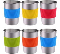 6 nerūsējošā tērauda dzēriena krūzes ar silikona apvalkiem, 240 ml mazas nerūsējošā tērauda krūzes alus, limonādes, sulas, ledusūdens un ledus kafijas pasniegšanai, saliekamas nerūsējošā tērauda dzēriena krūzes kempingam